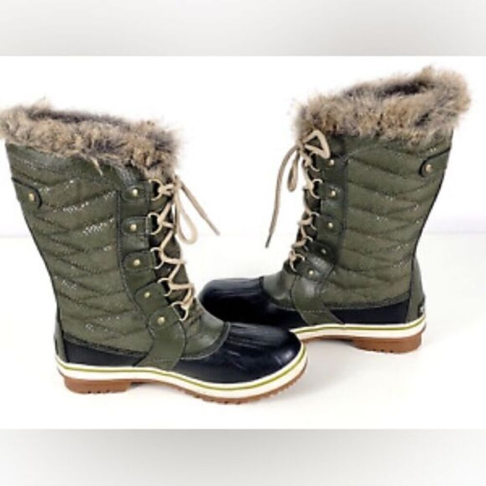 Sorel Tofino II Girls Size 2 Waterproof Winter Snow Boots Black Green